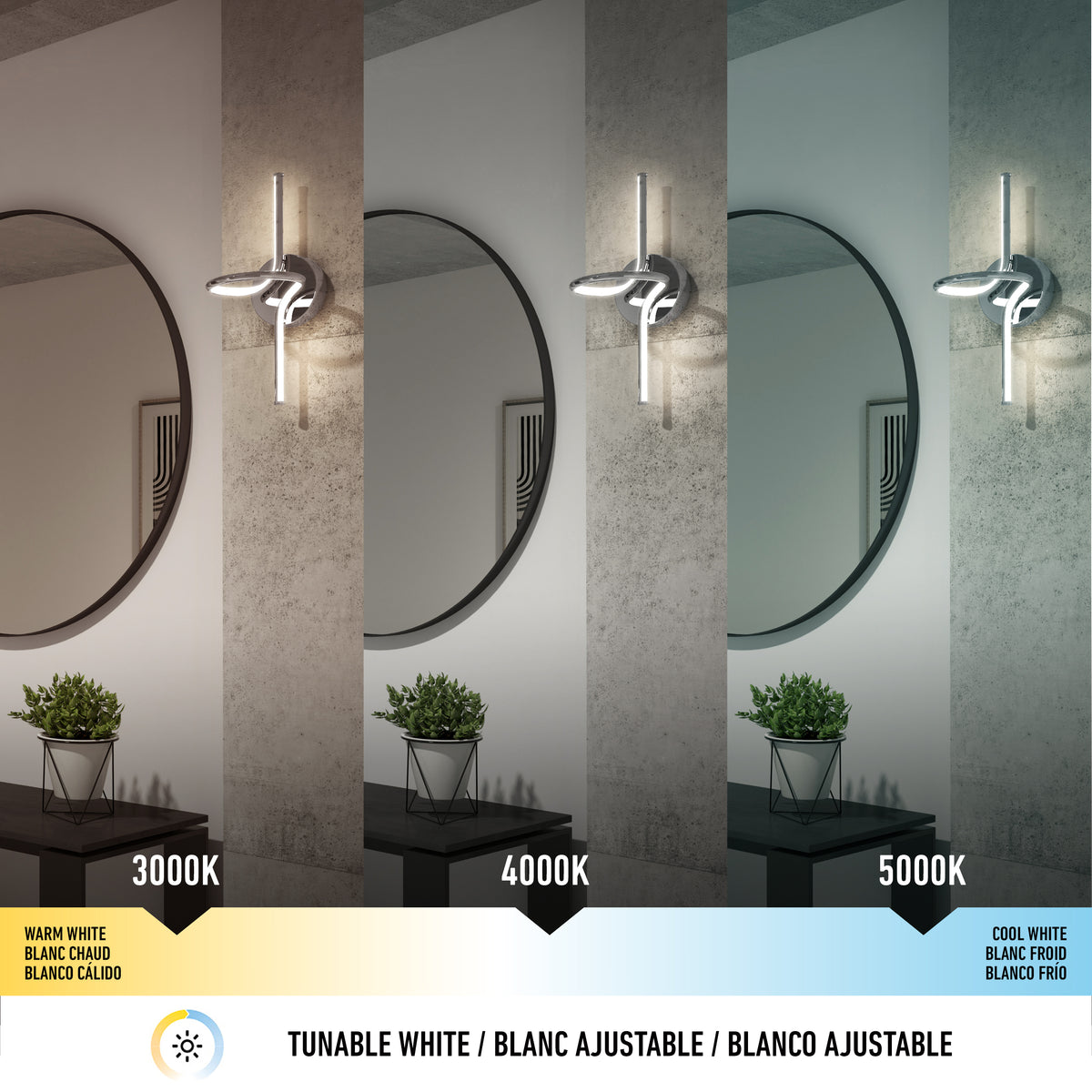 A modern wall light above a round mirror is shown in three color temperatures: warm white (3000K), neutral white (4000K), and cool white (5000K), each casting different light on a small table with a plant.