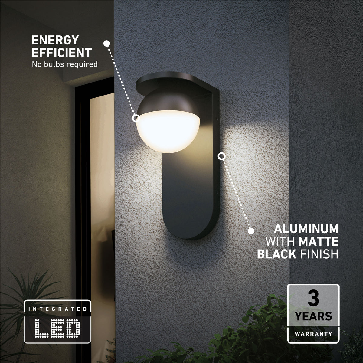 The Artika Bloom indoor-outdoor LED wall light 3 CCT, featuring a matte black aluminum finish, is mounted beside a door. Text notes its energy efficiency, integrated LED, and 3-year warranty. Greenery appears at the bottom right.