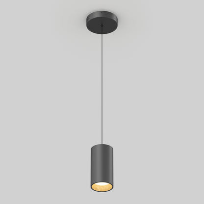 The Artika Alton mini LED pendant light 5 CCT features a sleek black cylindrical design, suspended by a slim cord, casting a warm glow against a light gray background.