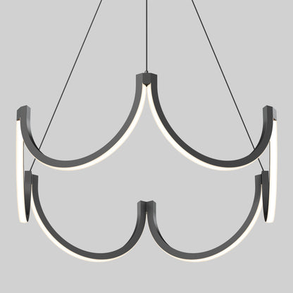The Artika Adelia LED pendant light 5 CCT is a modern chandelier with two tiers of curved black metal arms and integrated LED lights, suspended by three thin cables against a plain light gray background.