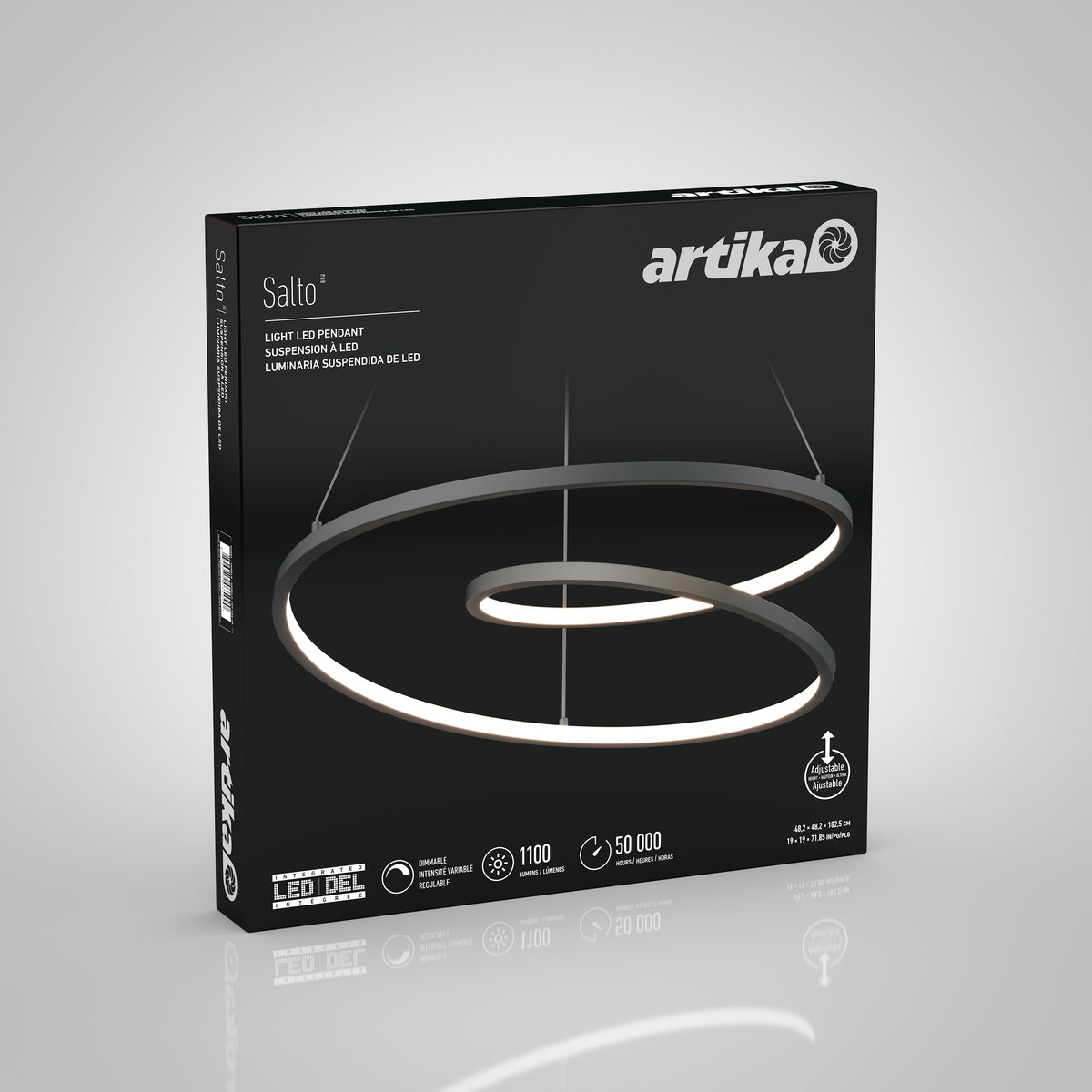 A black box displays the Artika Salto LED pendant light, a modern spiral-shaped fixture. The package shows 1100 lumens, 50,000-hour lifespan, and icons for dimmable and energy-efficient features.