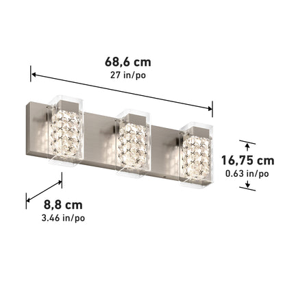The Artika Crystal Cube LED bathroom vanity light 5 CCT features three crystal-like shades on a brushed metal base, measuring 68.6 cm (27 in) wide, 16.75 cm (6.6 in) high, and 8.8 cm (3.4 in) deep. Measurements shown in cm and inches.