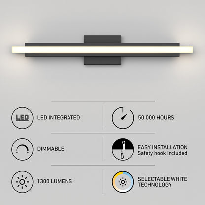 The Artika Ophelia modern LED bathroom vanity light 5 CCT is wall-mounted, features integrated LEDs with a 50,000-hour lifespan, delivers 1300 lumens, offers selectable white temperatures, is dimmable, and easy to install.