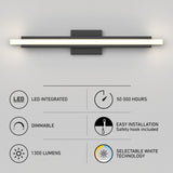 A modern wall-mounted LED light bar with icons and text below highlighting features: LED integrated, 50,000 hours lifespan, dimmable, easy installation, 1300 lumens, and selectable white color temperature.
