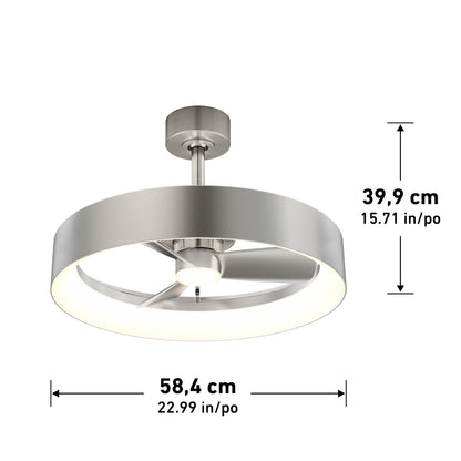 A modern ceiling fan with a circular LED light and metal finish is shown. The fan has a height of 39.9 cm (15.71 in) and a diameter of 58.4 cm (22.99 in).