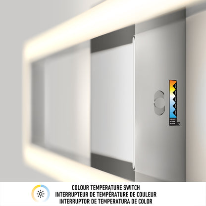A close-up of the Artika Dover modern LED bathroom vanity light 5 CCT shows its color temperature switch, ranging from warm to cool light. Soft lighting highlights the panel, with multilingual text explaining the function below.