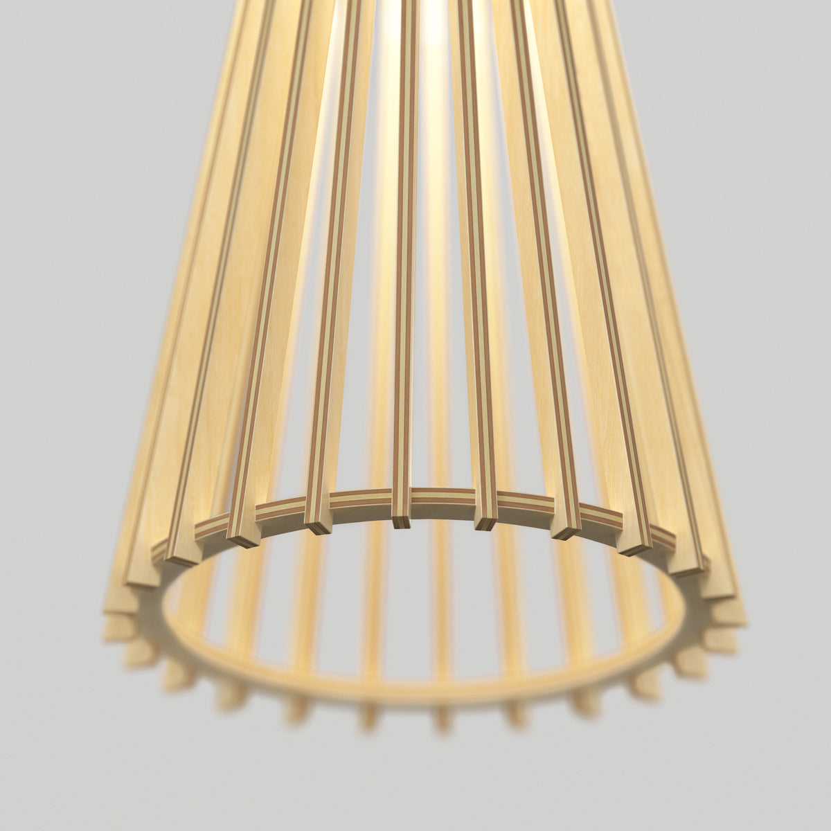 Close-up of a modern ceiling lamp with a wooden slatted design, forming a conical shape. The light is warm and diffused, with the wooden slats arranged vertically around the bulb. Background is plain and light-colored.