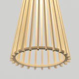 Close-up of a modern ceiling lamp with a wooden slatted design, forming a conical shape. The light is warm and diffused, with the wooden slats arranged vertically around the bulb. Background is plain and light-colored.