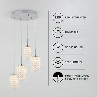 The Artika Crystal Cube 4-light LED pendant light features integrated LEDs, dimmable settings, 50,000-hour lifespan, 1600 lumens brightness, and easy installation with a safety hook included.