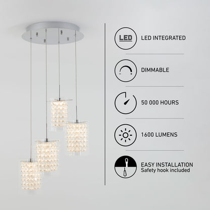 The Artika Crystal Cube 4-light LED pendant light features integrated LEDs, dimmable settings, 50,000-hour lifespan, 1600 lumens brightness, and easy installation with a safety hook included.