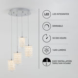 Modern ceiling pendant light with four hanging crystal lamps; infographics state features: LED integrated, dimmable, 50,000-hour lifespan, 1600 lumens brightness, and easy installation with included safety hook.