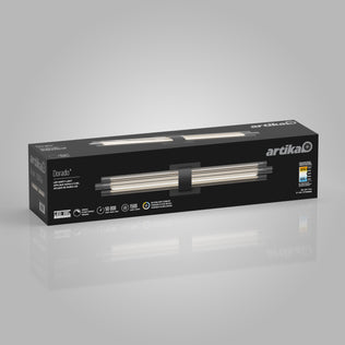 Artika Dorado 27 in. 1-Light LED Wall Vanity’s box displays product image and specs against a gray background.