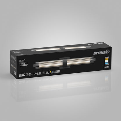Artika Dorado 27 in. 1-Light LED Wall Vanity’s box displays product image and specs against a gray background.