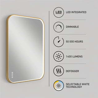 Artika Royce Dimmable LED Mirror, 3 CCT, mounts horizontally or vertically. Features: gold frame, integrated LED (50,000 hours), 1400 lumens, dimmable brightness, defogger, and adjustable color temperature. Shown on a gray wall.