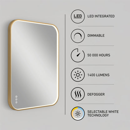 Artika Royce Dimmable LED Mirror, 3 CCT, mounts horizontally or vertically. Features: gold frame, integrated LED (50,000 hours), 1400 lumens, dimmable brightness, defogger, and adjustable color temperature. Shown on a gray wall.