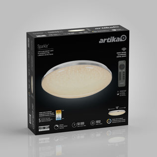 Artika Sparkle 15 in. LED modern flush mount light 5 CCT packaging shows the light, remote control, and key details: dimmable, 5-year warranty, 50,000-hour lifespan, 1850 lumens output, all from Artika.