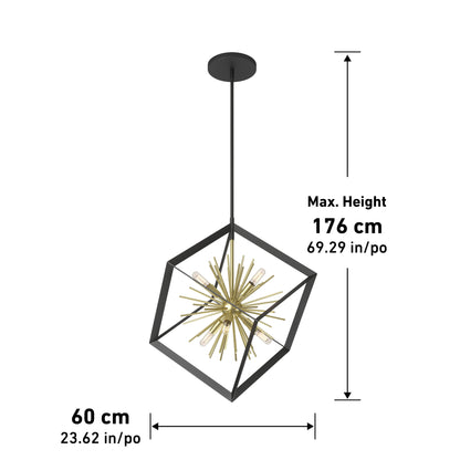The Artika Nebula 6-light pendant showcases a gold starburst inside a black cube frame, measuring up to 176 cm (69.29 in) high and 60 cm (23.62 in) wide.