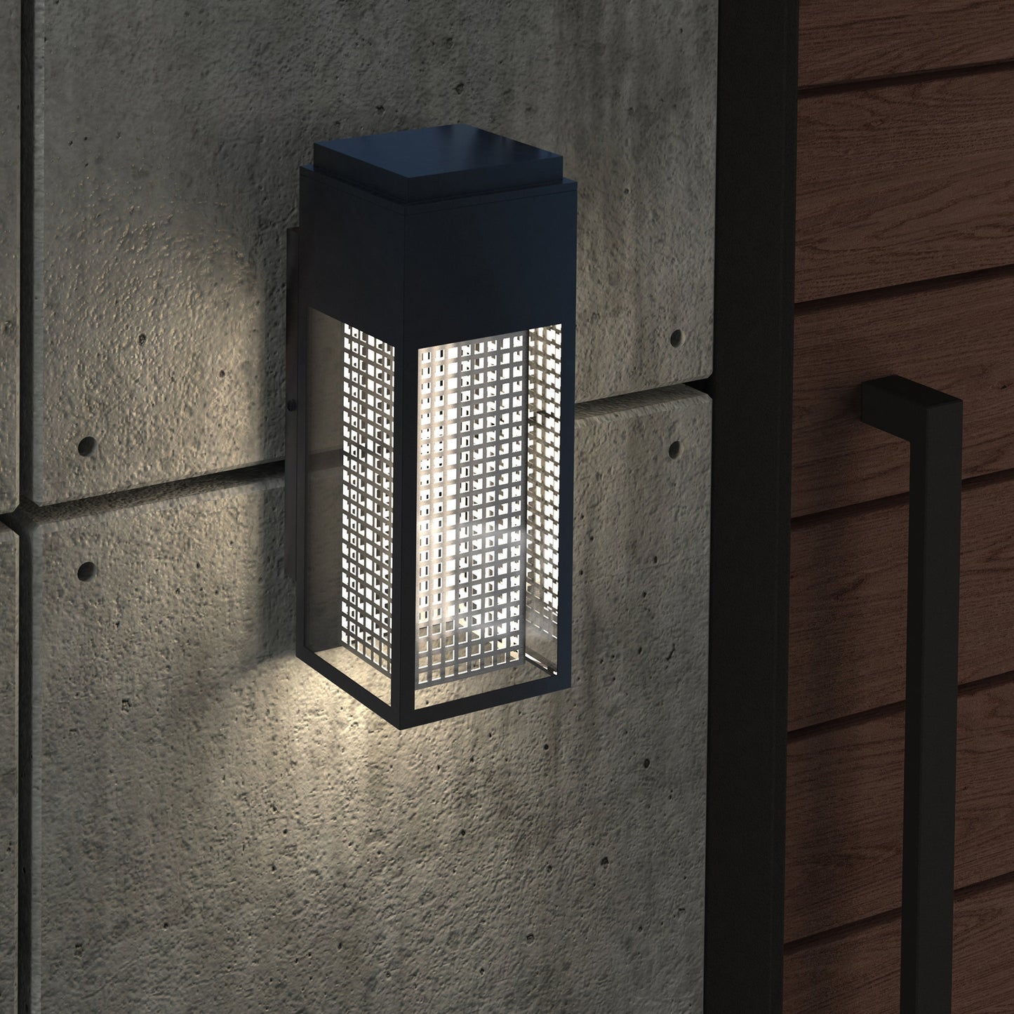 The Meteor LED indoor/outdoor wall light by Artika-CAN-dev, featuring a black metal frame and grid design, casts light on a concrete wall beside a wooden panel and a black door handle.