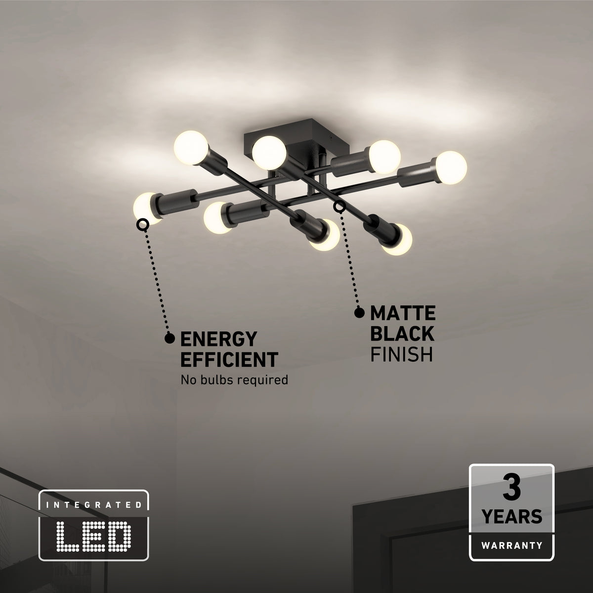 Modern black ceiling light fixture with eight glowing LED bulbs, labeled as energy efficient with a matte black finish. Icons highlight integrated LED technology and a 3-year warranty. Room has light gray walls.