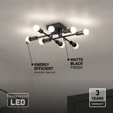 Modern black ceiling light fixture with eight glowing LED bulbs, labeled as energy efficient with a matte black finish. Icons highlight integrated LED technology and a 3-year warranty. Room has light gray walls.