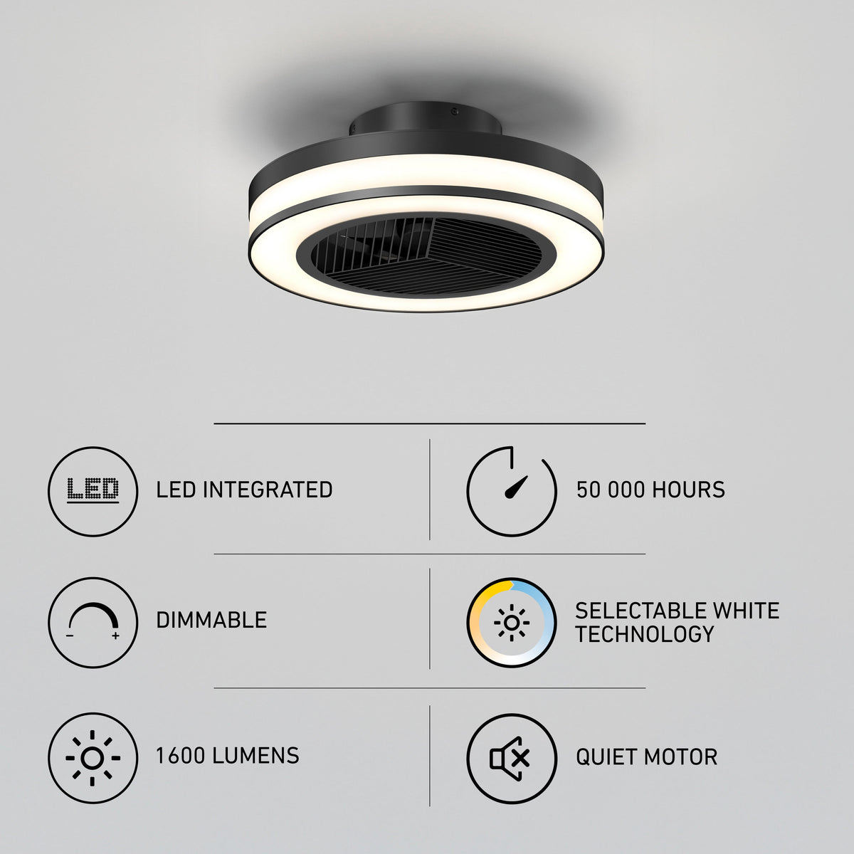 Artika Elton 19″ LED fandelier fan: dimmable, 1600 lumens, selectable white, quiet motor, 50K hr life—remote included.