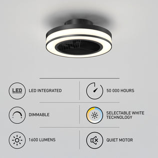 Artika Elton 19″ LED fandelier fan: dimmable, 1600 lumens, selectable white, quiet motor, 50K hr life—remote included.
