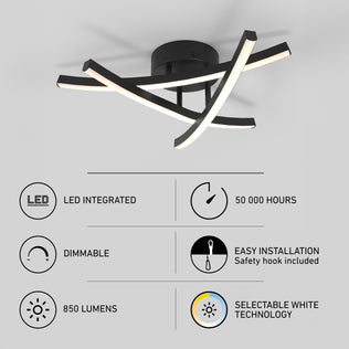 Black, 18-inch Orly 18 in. (45 cm) Modern LED Flush Mount Ceiling Light 3 CCT with selectable color temperature, 850 lumens, and dimmable settings.