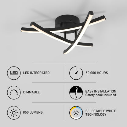 Black, 18-inch Orly 18 in. (45 cm) Modern LED Flush Mount Ceiling Light 3 CCT with selectable color temperature, 850 lumens, and dimmable settings.