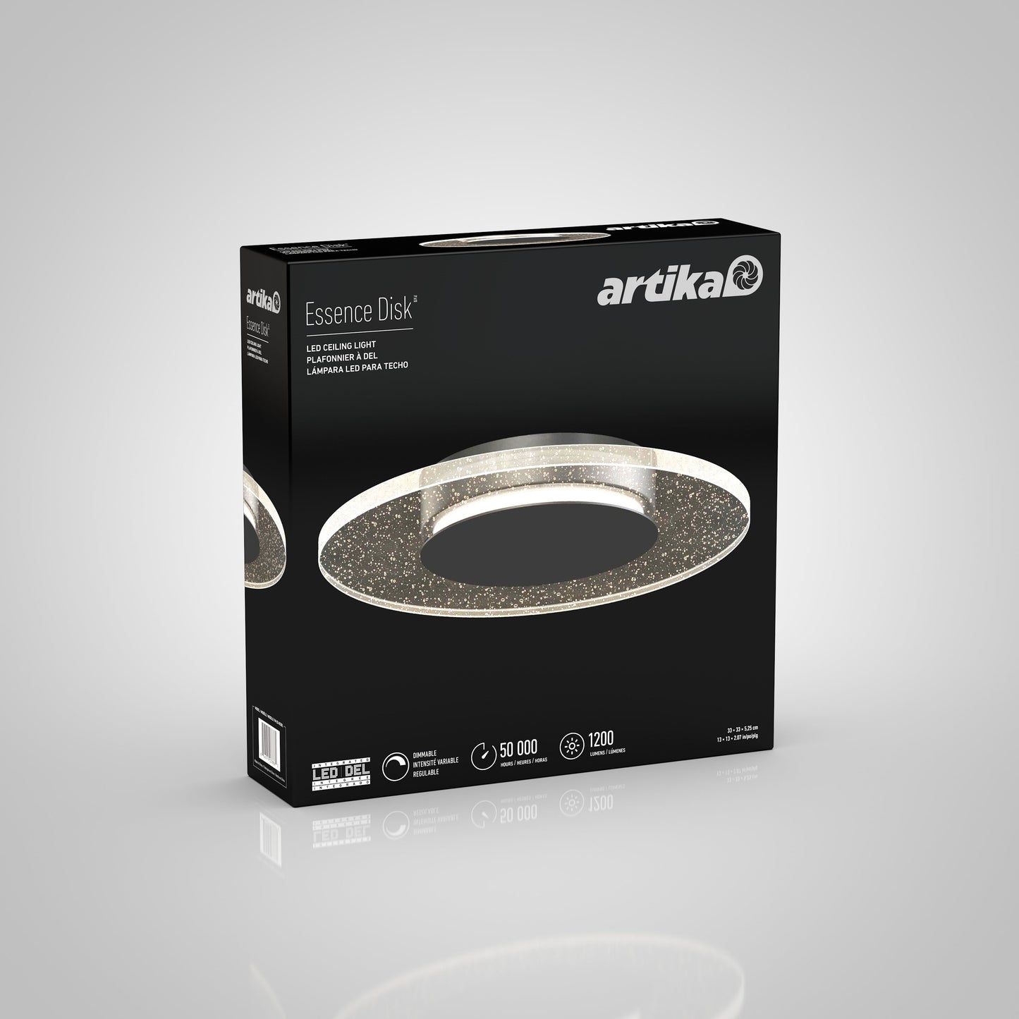 A retail box showcases the Artika-CAN-dev Essence Disk LED flush mount with a metallic, sparkling chrome finish. Its haloed glass diffuser is pictured, and icons note 50,000 hours, dimmable function, and 1200 lumens.
