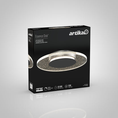 A retail box showcases the Artika-CAN-dev Essence Disk LED flush mount with a metallic, sparkling chrome finish. Its haloed glass diffuser is pictured, and icons note 50,000 hours, dimmable function, and 1200 lumens.