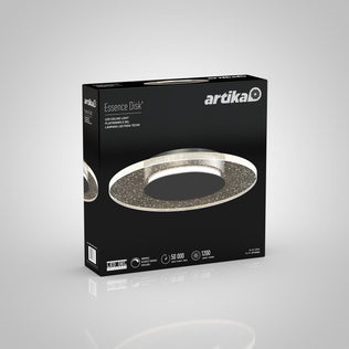A black box for the Artika Essence Disk LED flush mount displays the round, glittery light and highlights features like a 50,000-hour lifespan and 1200 lumens on the front.