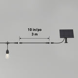 A string light with a bulb is connected to a solar panel by a 10-inch (3 meter) wire, shown with a double-headed arrow indicating the distance. The background is plain gray.