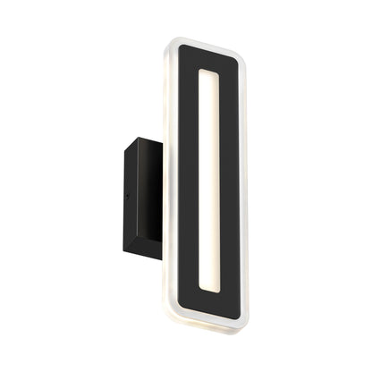 The Artika Evasion modern indoor-outdoor LED wall light 3 CCT is a rectangular black sconce with a vertical cutout and illuminated edges, mounted on a matching base, perfect for contemporary spaces.