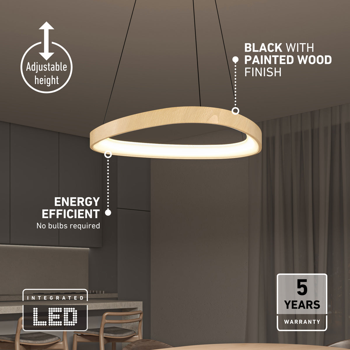 Artika Bjorn modern LED pendant, 5 CCT, height-adjustable, dimmable, black wood finish, 5-yr warranty—perfect for dining areas.