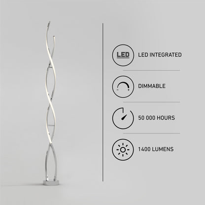 On the left, the Artika Swirl modern LED floor lamp stands stylishly. On the right, four icons display: LED integrated, dimmable, 50,000-hour lifespan, and 1400 lumens on a light grey background.