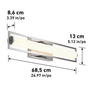 The Artika Rialto modern LED bathroom vanity light 3 CCT features dimmable lighting and a rectangular frame. It measures 8.6 cm deep, 13 cm tall, and 68.5 cm wide.