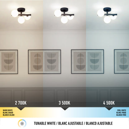 Artika’s Bloom LED flush mount displays three color temperatures—warm white (2700K), neutral white (3500K), and cool white (4500K)—illuminating a wall with framed geometric art, labeled with a gradient to show the temperature range.
