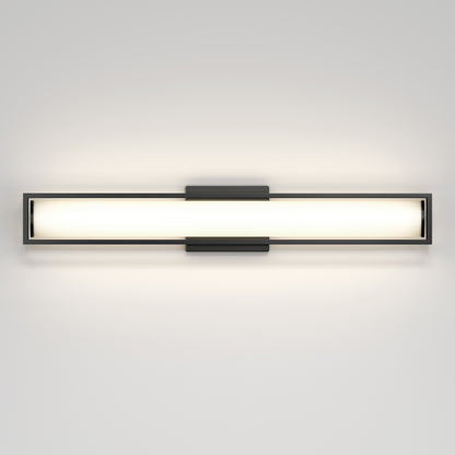 The Artika Venicia LED Wall Sconce features a modern rectangular design with a frosted glass center, emitting soft, even light. Mounted horizontally with dark gray brackets on a light gray wall, it offers contemporary style and illumination.