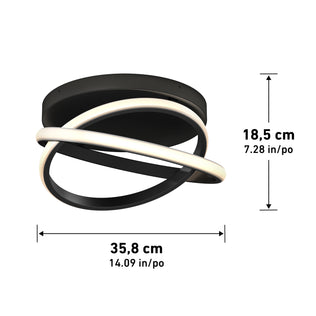The Artika Orbia modern LED flush mount light features two intertwined black and white rings, measures 35.8 cm wide by 18.5 cm high, and offers 3 CCT settings. Measurements are shown with arrows in the image.