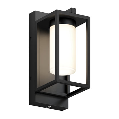 The Artika Aurel Outdoor LED Light, 3CCT, features a modern black rectangular frame and a cylindrical frosted white glass shade, perfect for exterior lighting.
