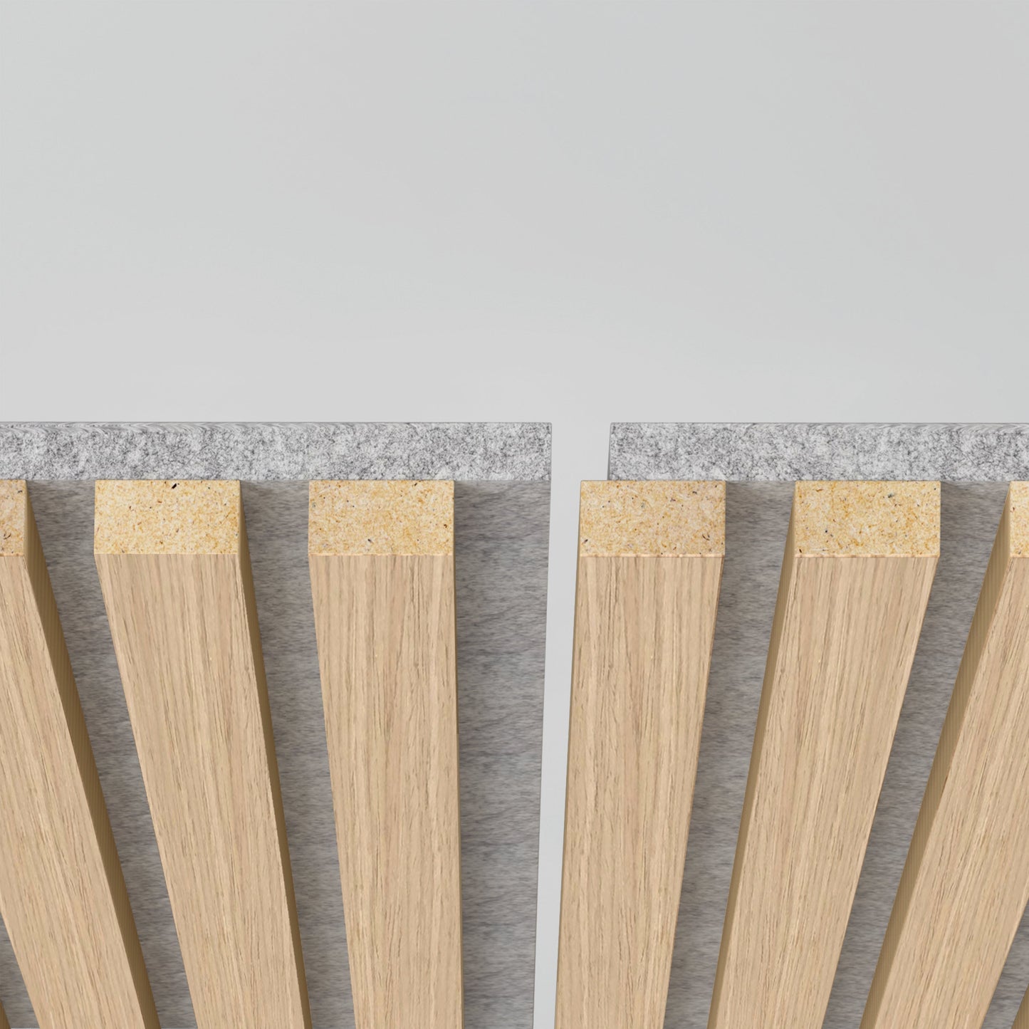 Close-up of Artika-CAN-dev’s Sonolok 15.5 ft sound-absorbing wall panel kit, featuring vertical wooden slats on a gray felt-like backing with a central gap, shown against a plain light background.