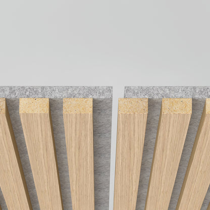 Close-up of two rows of vertical wooden slats with a gray felt-like backing and a narrow gap, shown against a white background. Features the Artika Sonolok 15.5 ft sound-absorbing wall panel kit.