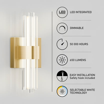 Artika Dorado contemporary LED wall sconce 3 CCT in gold with glass tubes, featuring 50,000-hour life, 650 lumens, and adjustable white settings.