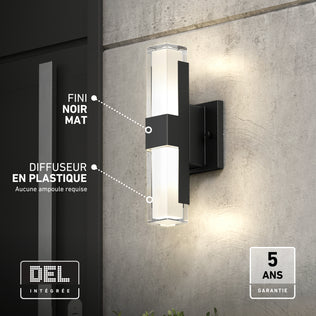 Artika Gemini indoor-outdoor LED wall light: rectangular black fixture with clear illuminated panels, integrated technology, and warranty icon.