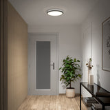 A modern hallway with wooden flooring, a gray door, a potted plant, a black console table with decor, wood slat wall paneling, and a round ceiling light.