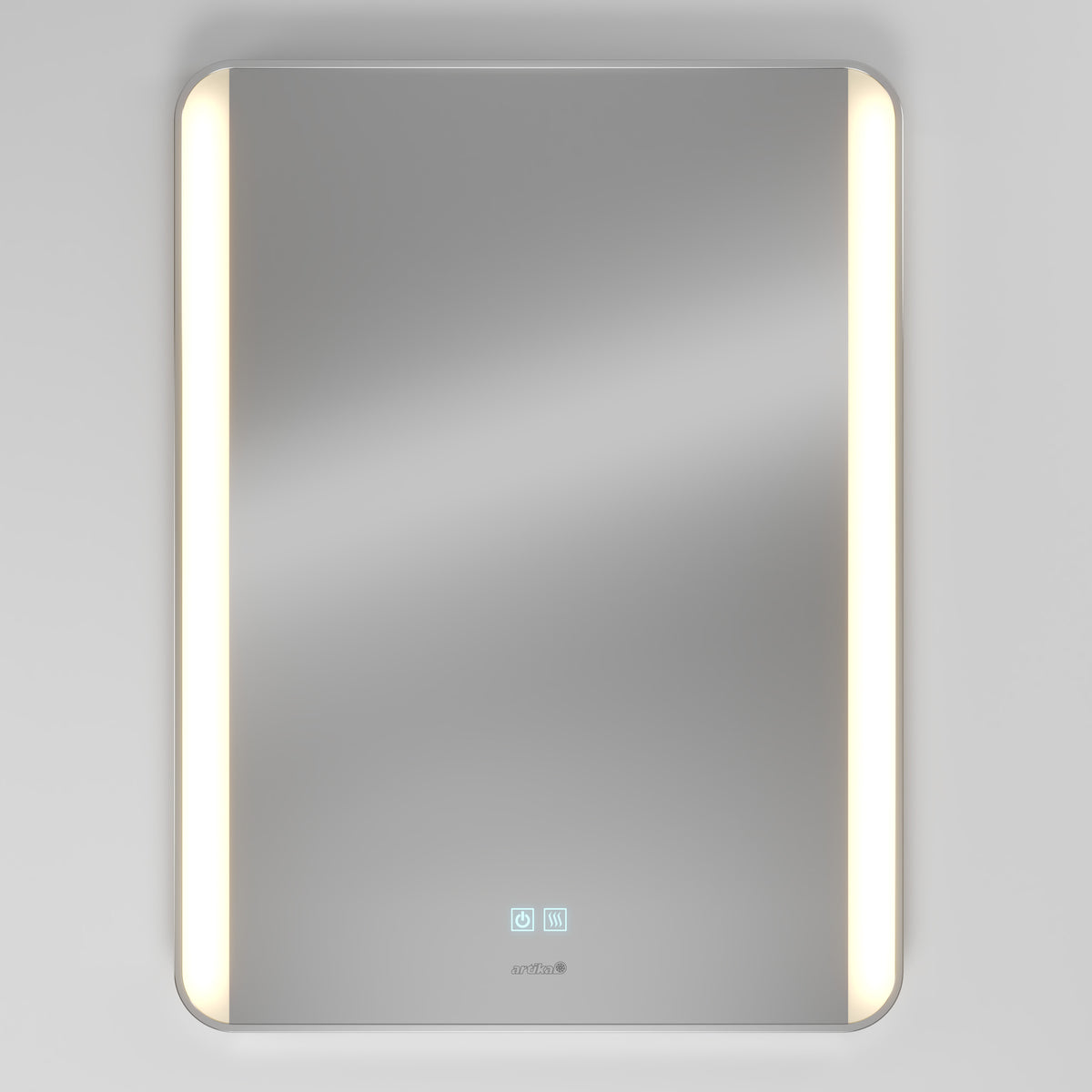 A rectangular wall-mounted mirror with rounded edges features vertical LED light strips on both sides and touch control icons at the bottom center. The mirror has a modern, minimalist design.