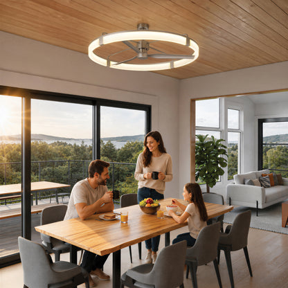 A family of three dines in a sunlit room featuring Artika’s Sunnyvale 52 in. LED Modern Ceiling Fan with Remote.