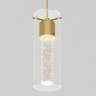 The Artika Essence LED pendant light features a cylindrical glass shade with a bubble-filled inner tube and brass accents, suspended from a brass rod, all set against a simple gray background.