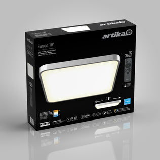 Artika Europa 18 in. LED flush mount light comes in black box packaging with an image of the product and features like 50,000-hour lifespan, 2500 lumens, remote control, and app compatibility shown on the front.