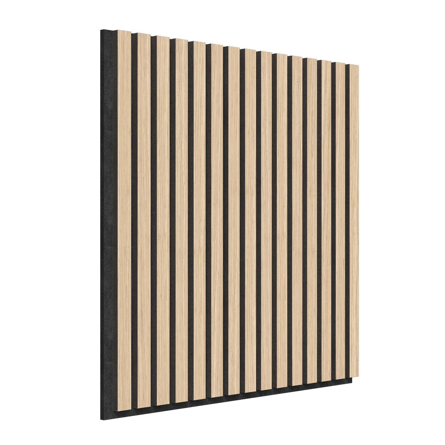 The Sonolok 15.5 ft sound-absorbing wall panel kit by Artika-CAN-dev features vertical, evenly spaced light wood slats on a black background, shown from a left-side angle.